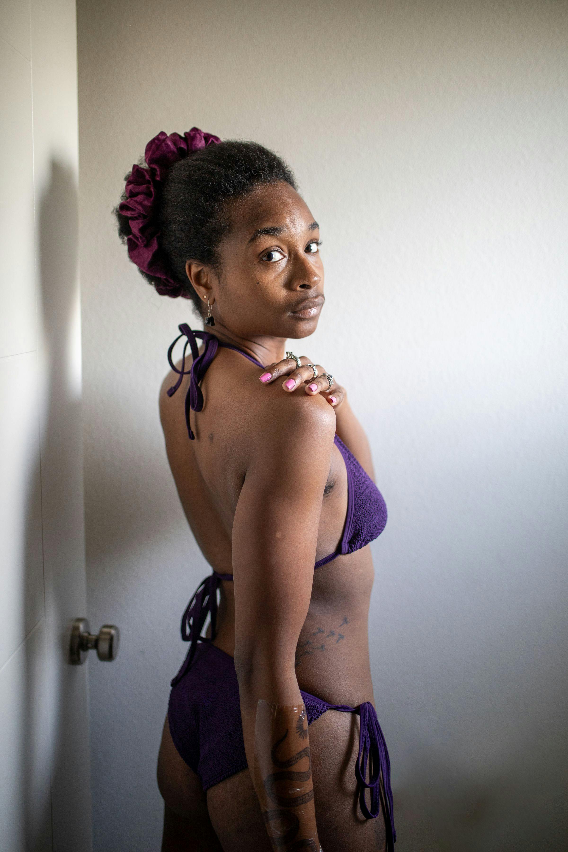 Bri wearing Damson purple bikini